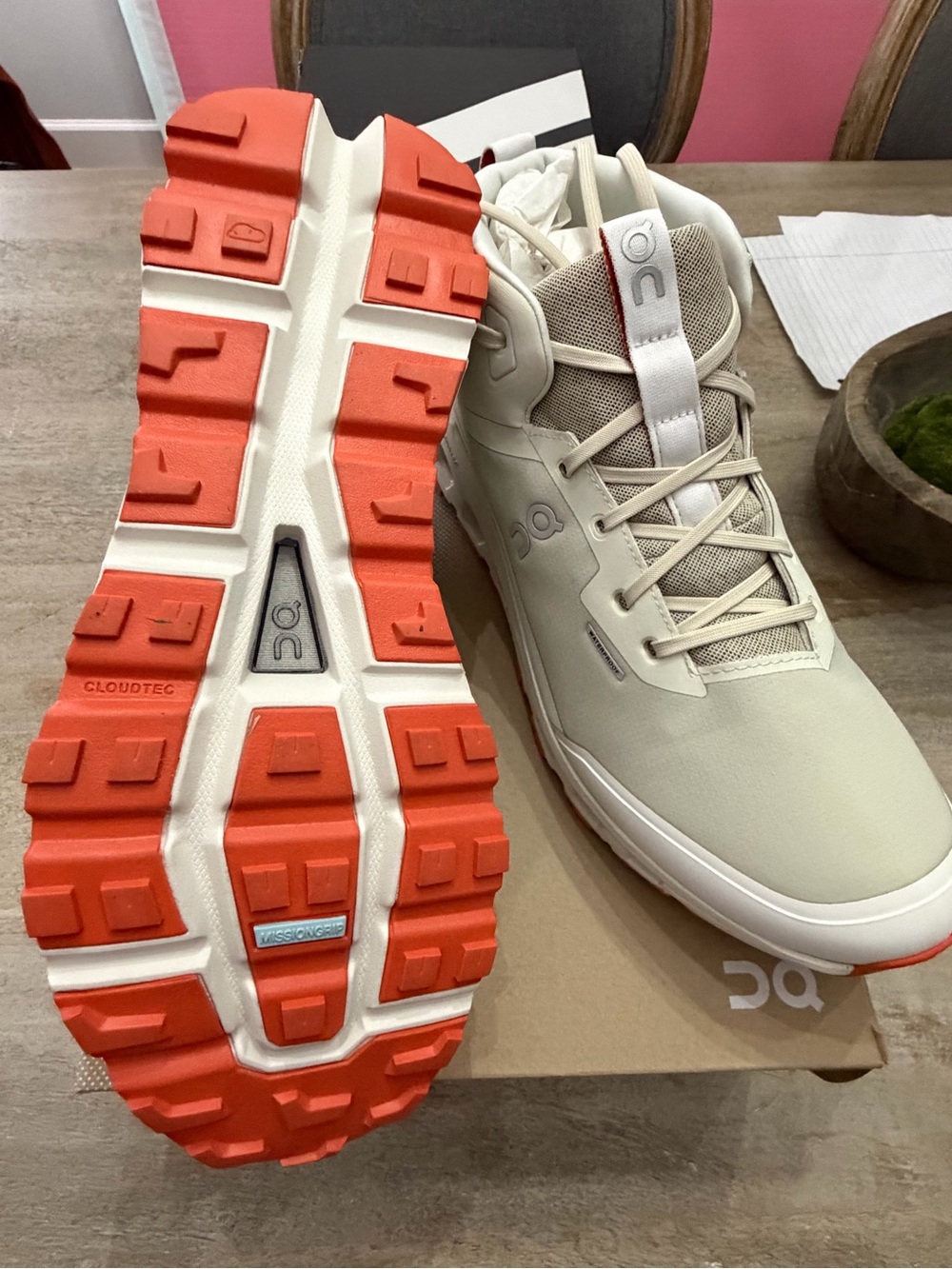 Oncloud Roam Waterproof Running Beige High-Top Sneakers with Orange Outsole